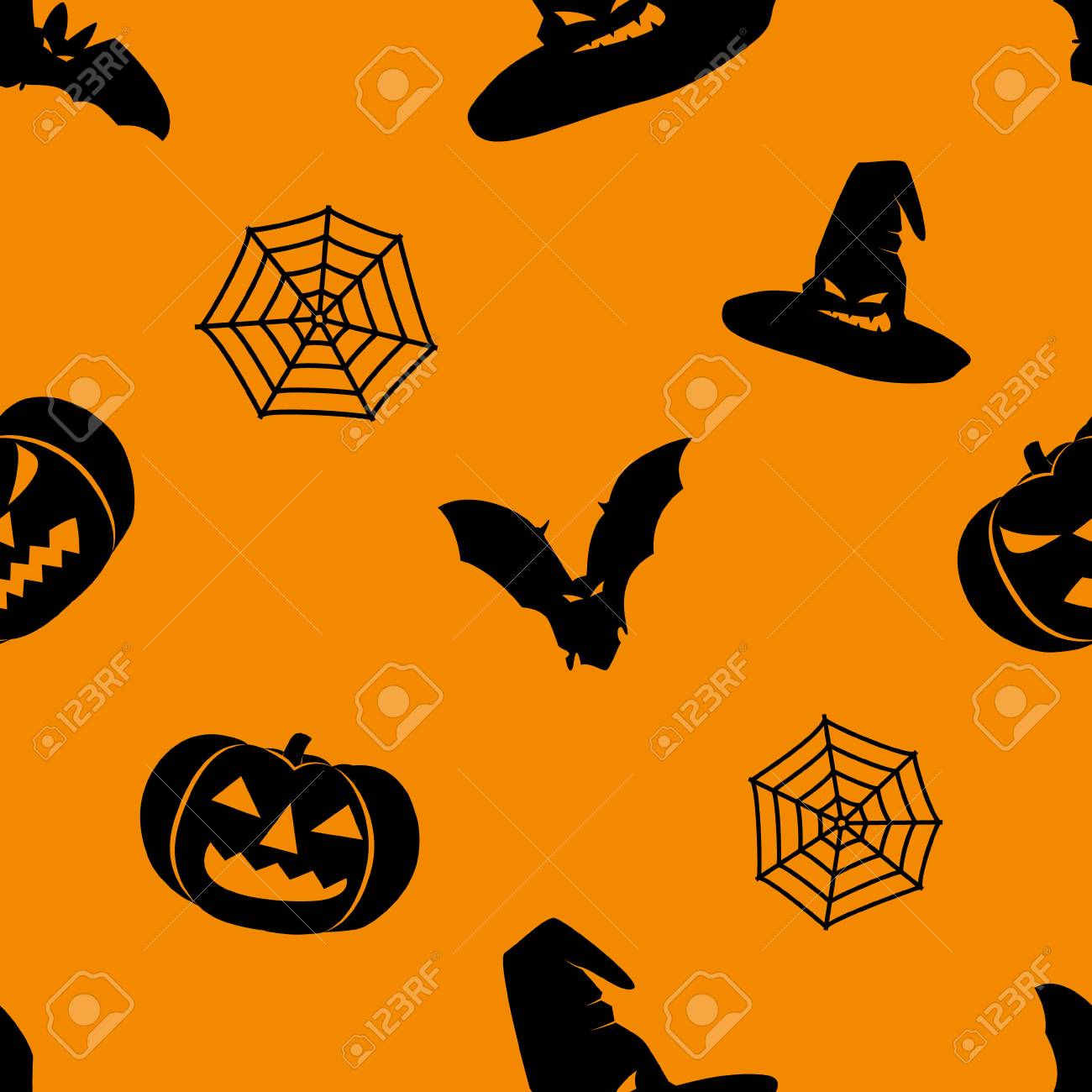 黒魔女の帽子 バット ウェブとカボチャのシルエットとハロウィーンのオレンジ色の背景は シームレスなパターンをお祝いします 無限の背景 ベクターイラスト のイラスト素材 ベクタ Image
