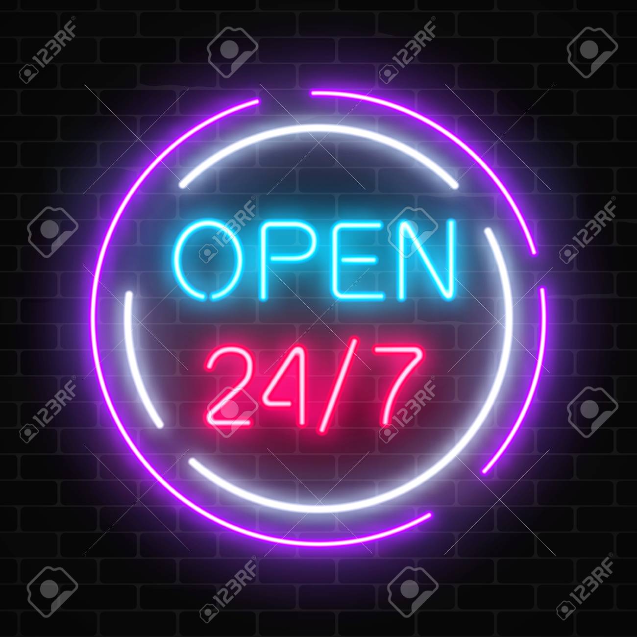 neon open 24 hours 7 days a week sign in circle shaps on a brick