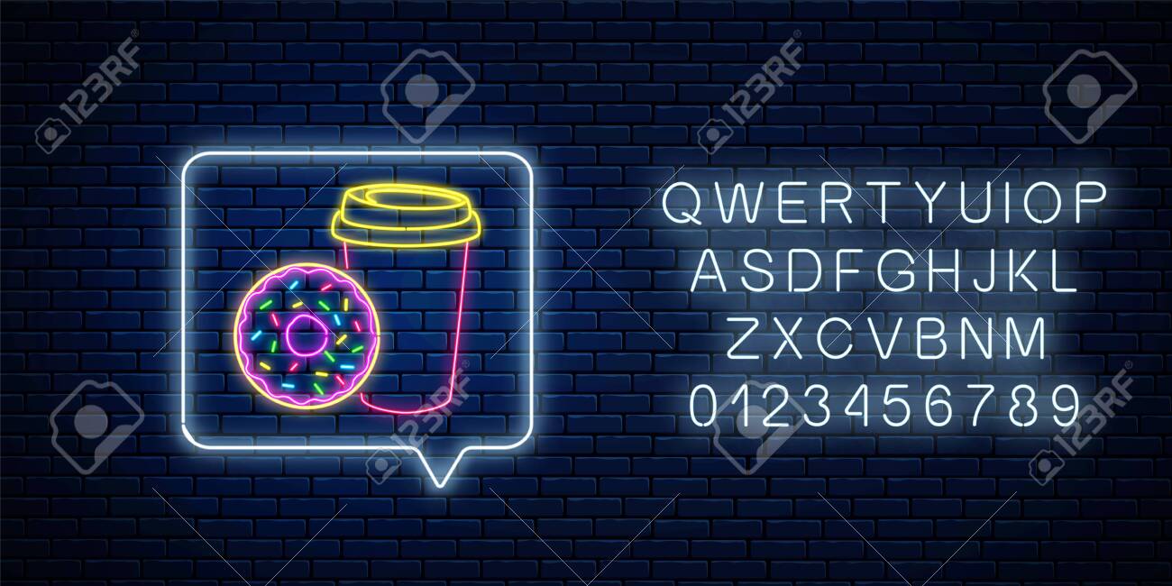 어두운 벽돌 벽 배경에 알파벳이 있는 메시지 알림 프레임에 도넛과 커피 컵의 빛나는 네온 사인. 네온 스타일의 연설 거품에 있는 음식과  음료 기호. 벡터 일러스트 레이 션. 로열티 무료 사진, 그림, 이미지