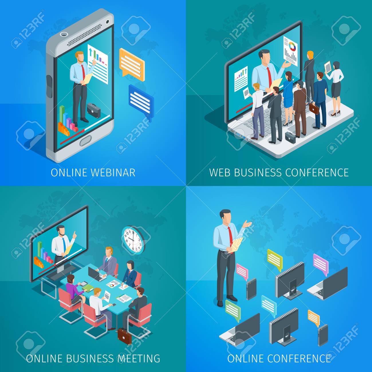 set of isometric banners on theme online business conference