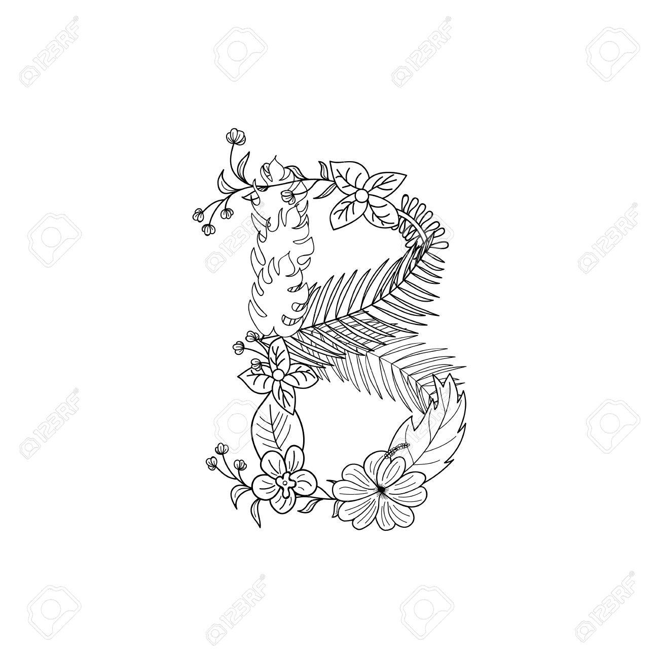パーム ビーチと熱帯の花夏パターン手描画装飾フォント葉 花 文字 Bのイラスト素材 ベクタ Image