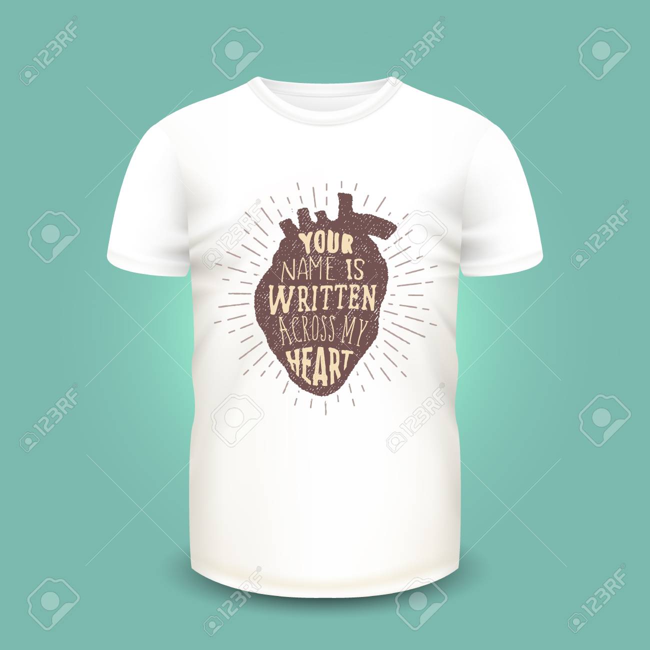 Download T Shirt Print Design With Human Heart Silhouette And Lettering On Vector Template Realistic Mockup And Hand Drawn Label Used For Advertising Emblem On Textile Goods Banner Or Poster Design Stock Photo Picture