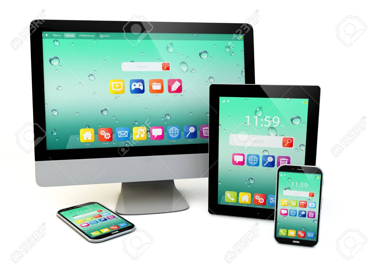 laptop notebook of netbook pc mini tablet computer smartphone en desktop monitor scherm tv geisoleerd op wit