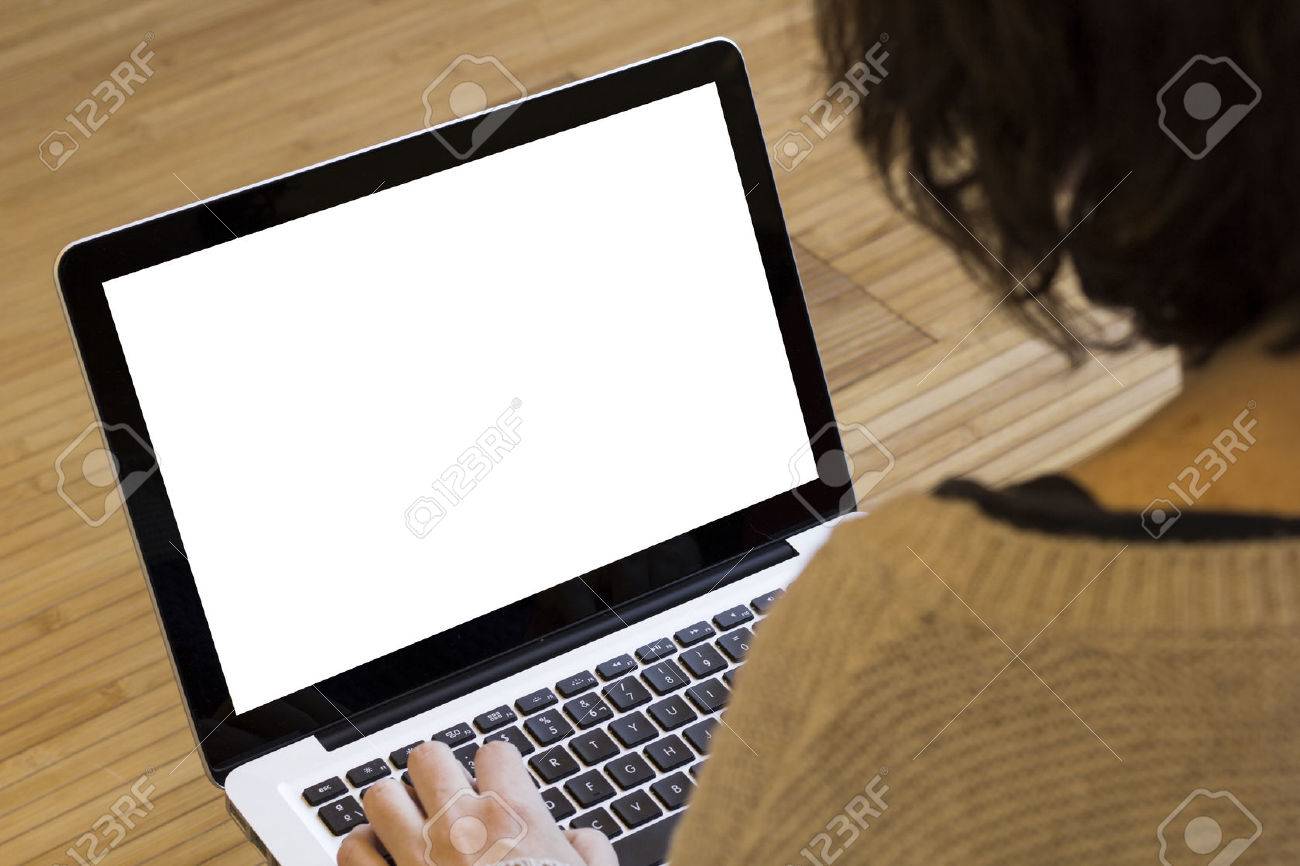 woman with blank screen computer - 37153396 woman with blank screen computer - 37153396