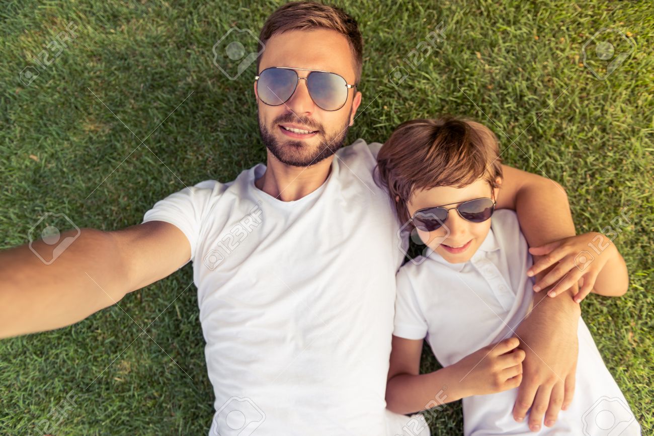 pic White Dad Glasses top view of cute little boy and his handsome young dad in white