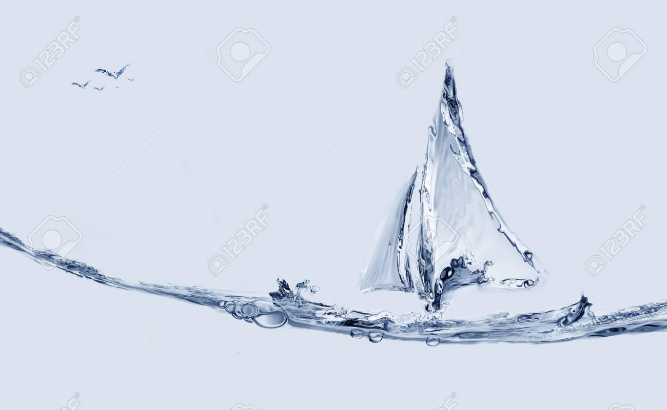 A blue water boat made of water sailing with a flying birds. - 82791711 A blue water boat made of water sailing with a flying birds. - 82791711