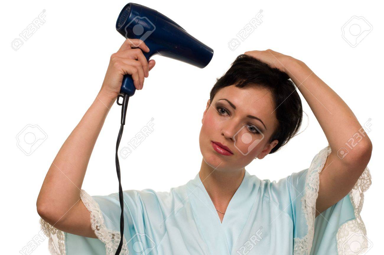 Attractive Short Hair Brunette Woman Wearing Blue Satin Robe