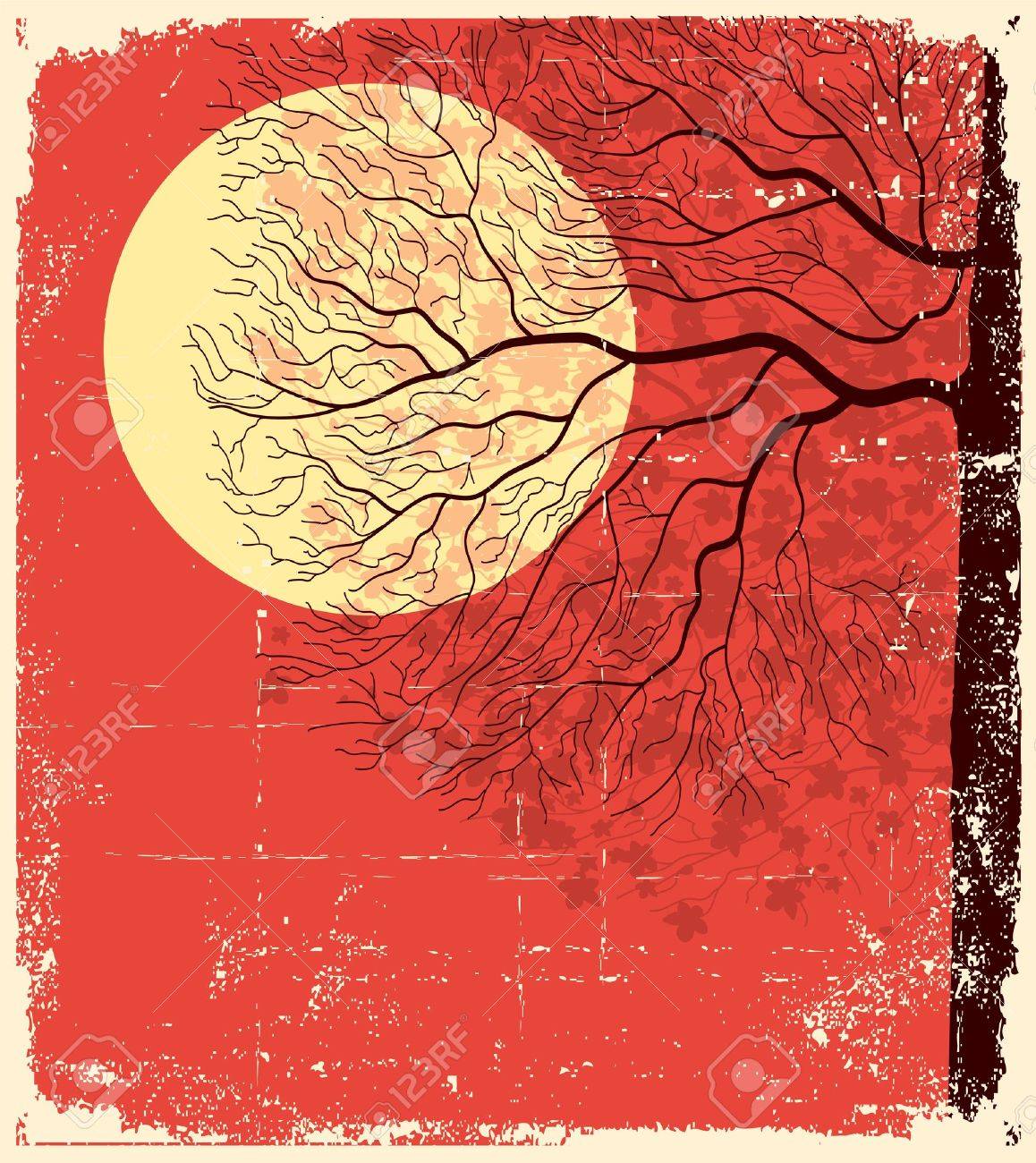Tree under evening sky and moon lighting. illustration on old paper background - 9717055 Tree under evening sky and moon lighting. illustration on old paper background - 9717055