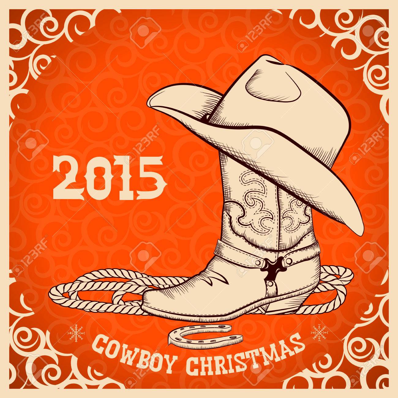 Año Nuevo Occidental Con Bota De Vaquero Y Tarjeta De Felicitación Hat.vector Ilustraciones Svg, Vectoriales, Clip Art Vectorizado Libre De Derechos. 33331762.