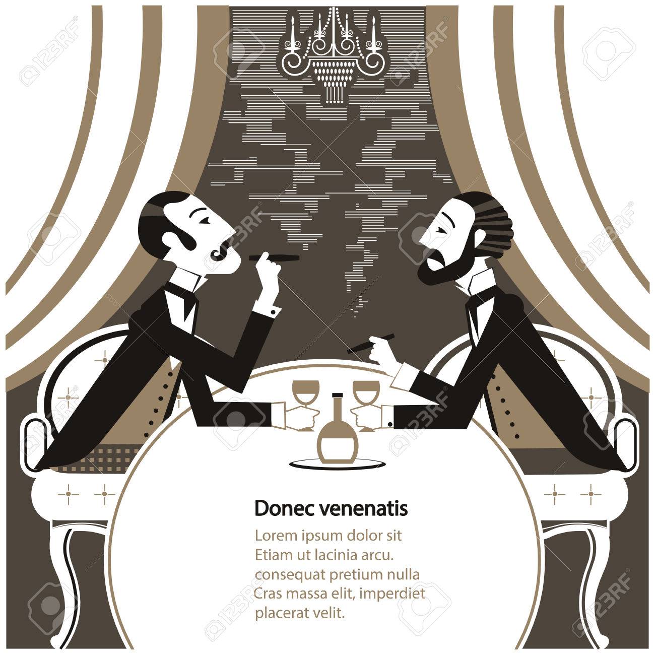 紳士は Cigares の喫煙とタバコの煙に座っています ベクトル テキストのヴィンテージの紳士のクラブ イラスト のイラスト素材 ベクタ Image