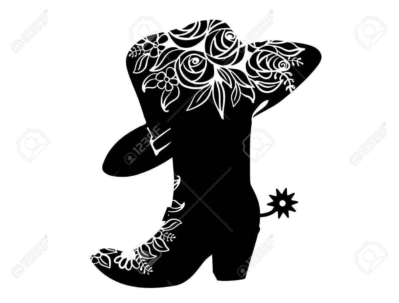 Cowboy Boot Black Silhouette For Text Or Decoration. Vector Cowgirl Party  Printable Illustration Isolated On White. Western Boot And Hat Background  Royalty Free SVG, Cliparts, Vectors, and Stock Illustration. Image  149389648., image size:1300x988