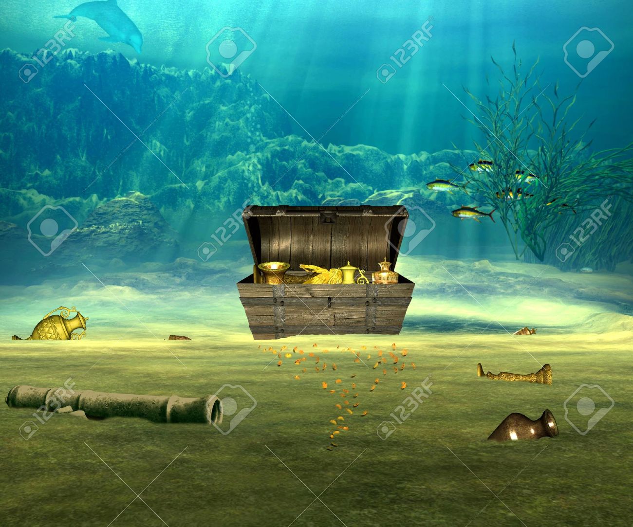 the treasure chest with valuable objects underwater stock photo