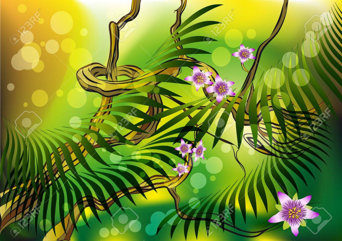 朝ジャングルの花熱帯のつる植物のイラスト素材 ベクタ Image