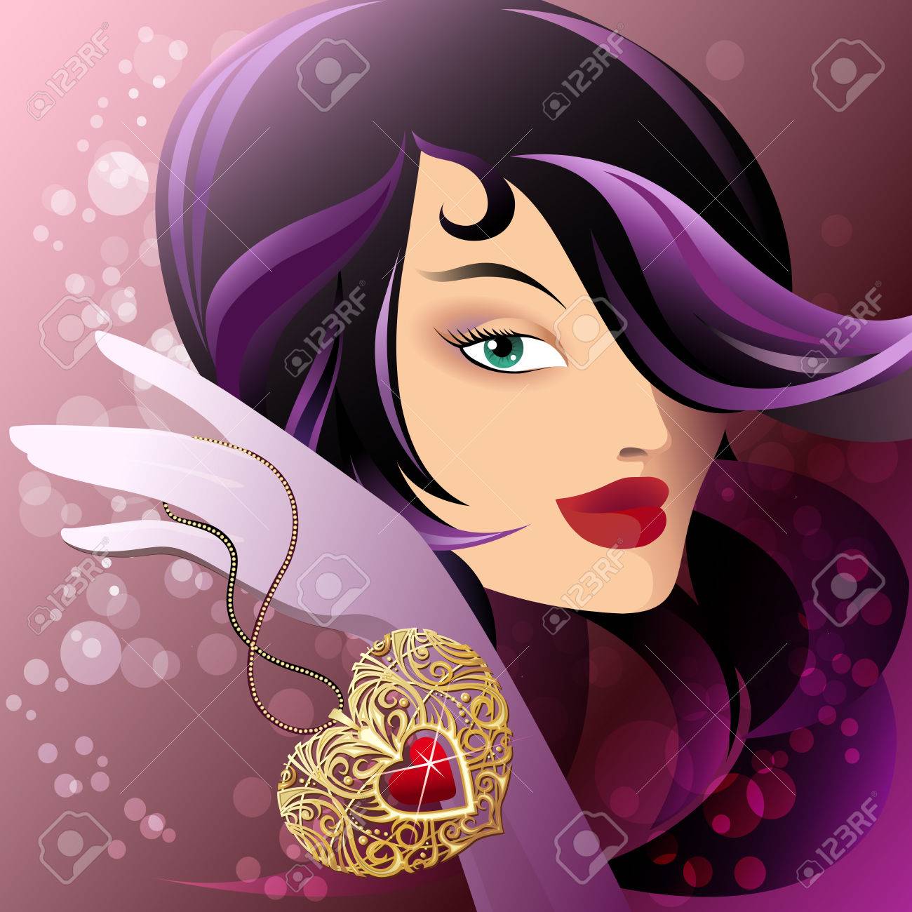 illustration with young pretty woman who rocks golden pendant