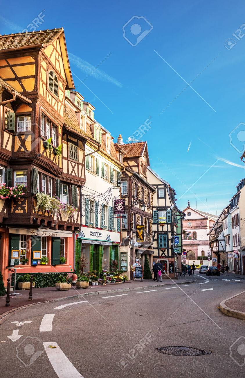 Colmar Street View To Colorful Traditional French Houses, Alsace, France  Stock Photo, Picture and Royalty Free Image. Image 64125765., image size:844x1300