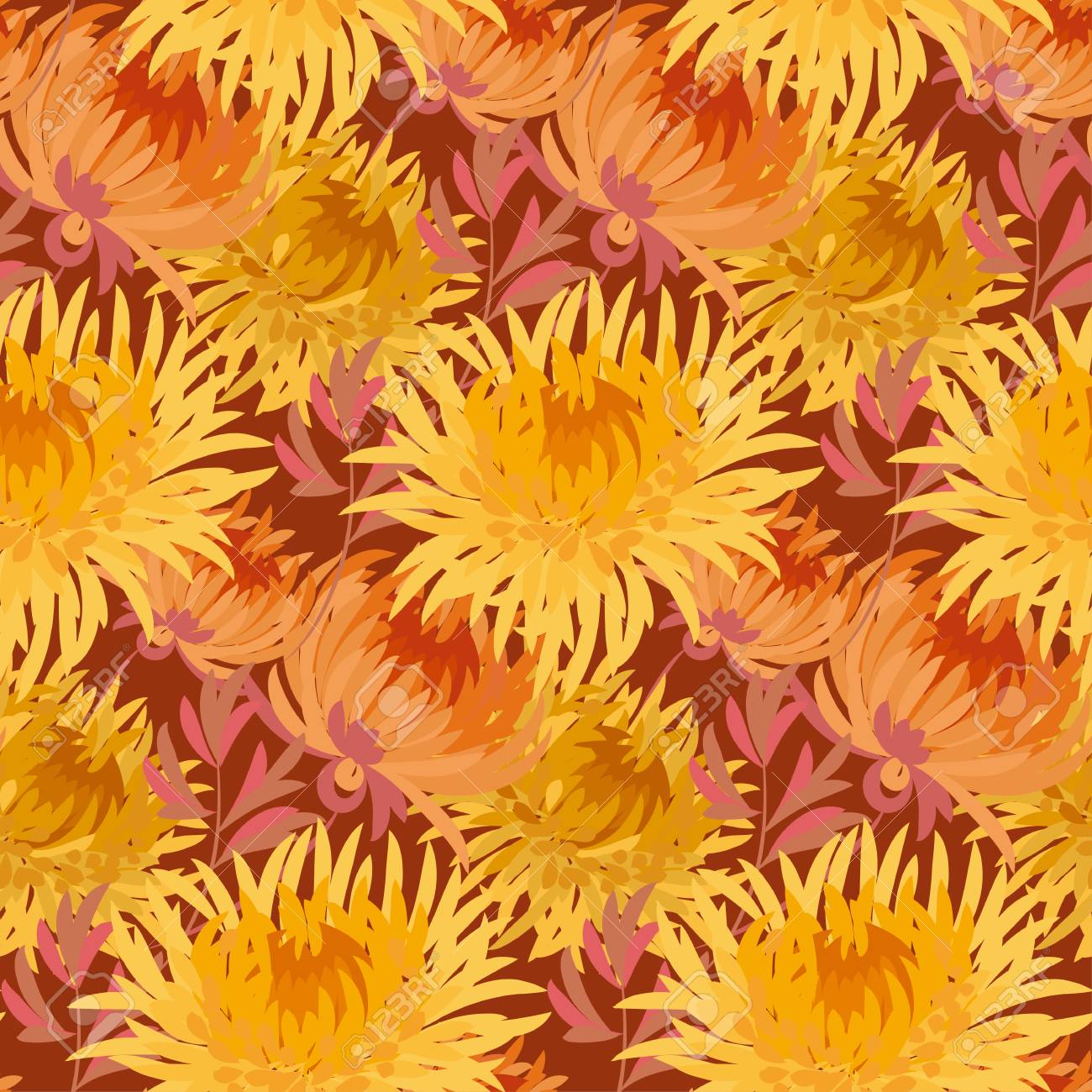秋の黄色花のシームレスなパターン 菊再現性のあるモチーフ 秋の金の花のイラスト エレガントな自然の飾り のイラスト素材 ベクタ Image
