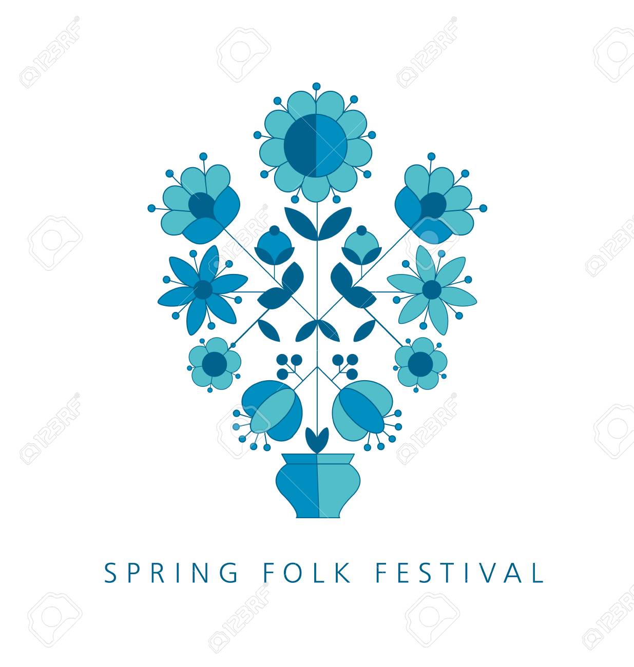 農民スタイル シンプルな花柄ブルー色に 素朴な伝統的なノスタルジックな花モチーフ ベクトル イラスト カード ポスター のイラスト素材 ベクタ Image