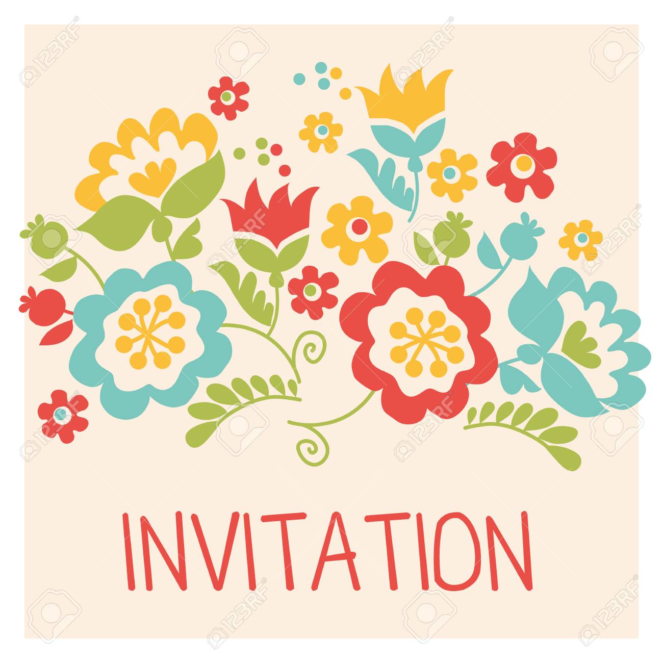 パステル カラーでレトロなスタイルの花束 花フォーク風シンプルなデザインのグリーティング カード イースター 感謝祭 スクラップ予約 のイラスト素材 ベクタ Image