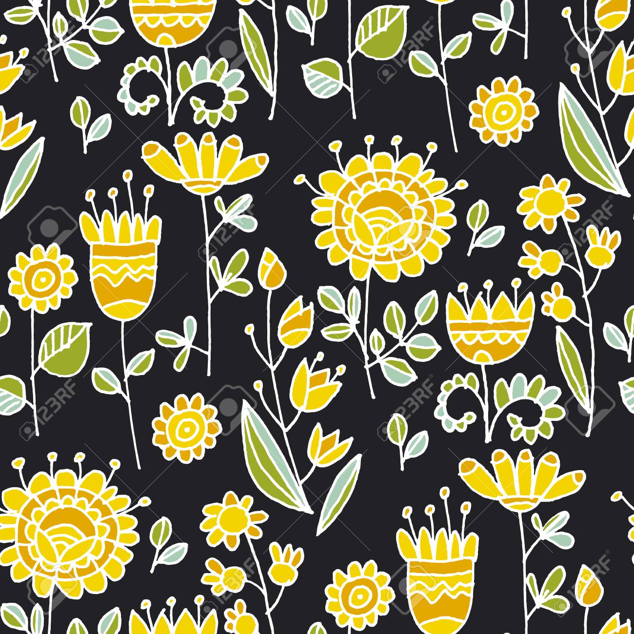 Abstract Flowers Hand Drawn Seamless Pattern Scandinavian Style Doodle Sketch Wildflowers Cartoon Texture Spring Bloom Black Background Floral Outline Drawing Wrapping Paper Wallpaper Design Royalty Free Cliparts Vectors And Stock Illustration