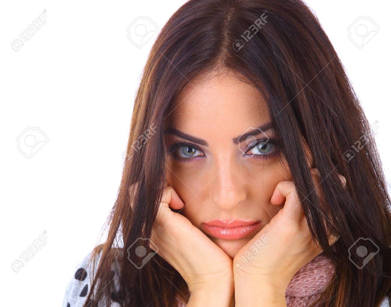 悲しい顔と美しい青い目を持つ若い女性 の写真素材 画像素材 Image
