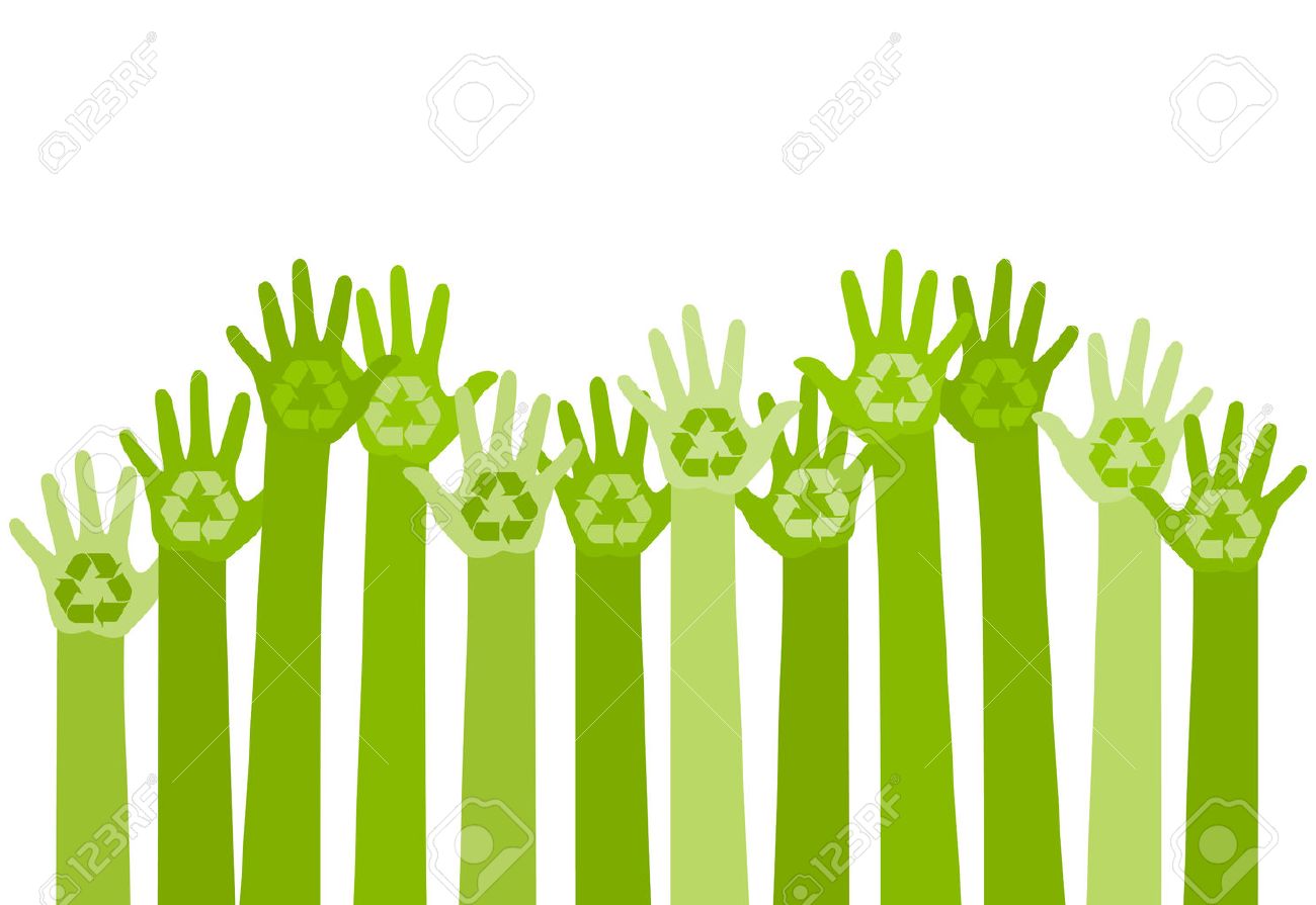 abstract illustration with raising hands with a recycle symbol