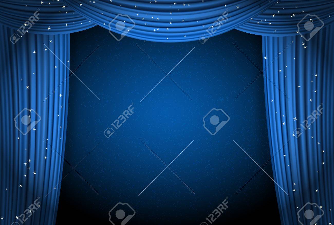 Blue Curtains On Blue Background With Glittering Stars. Open