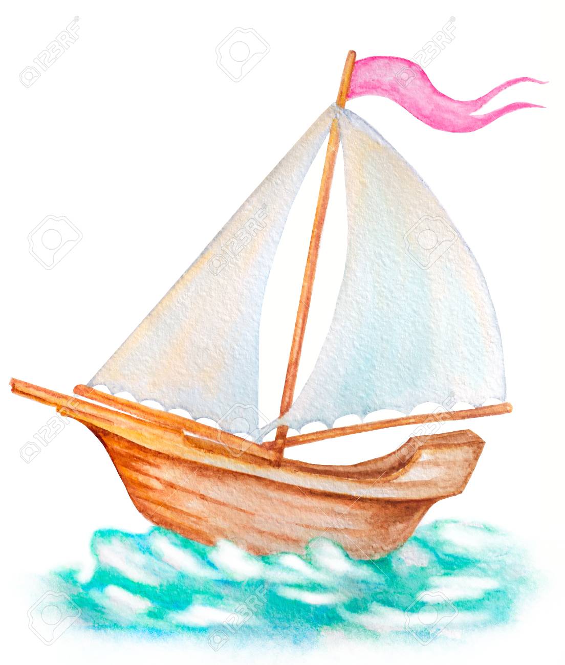 Velero Con Bandera. Ilustración Acuarela Fotos, Retratos, Imágenes Y Fotografía De Archivo Libres De Derecho. Image 78339615.