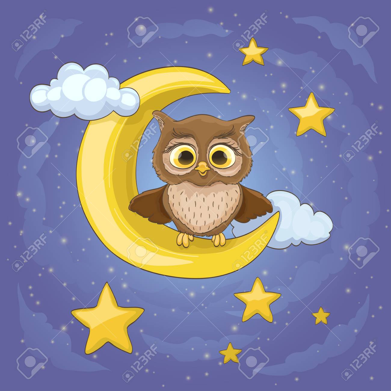 Cartoon Cute Baby Owl Sitting On A Moon And Stars With Clouds