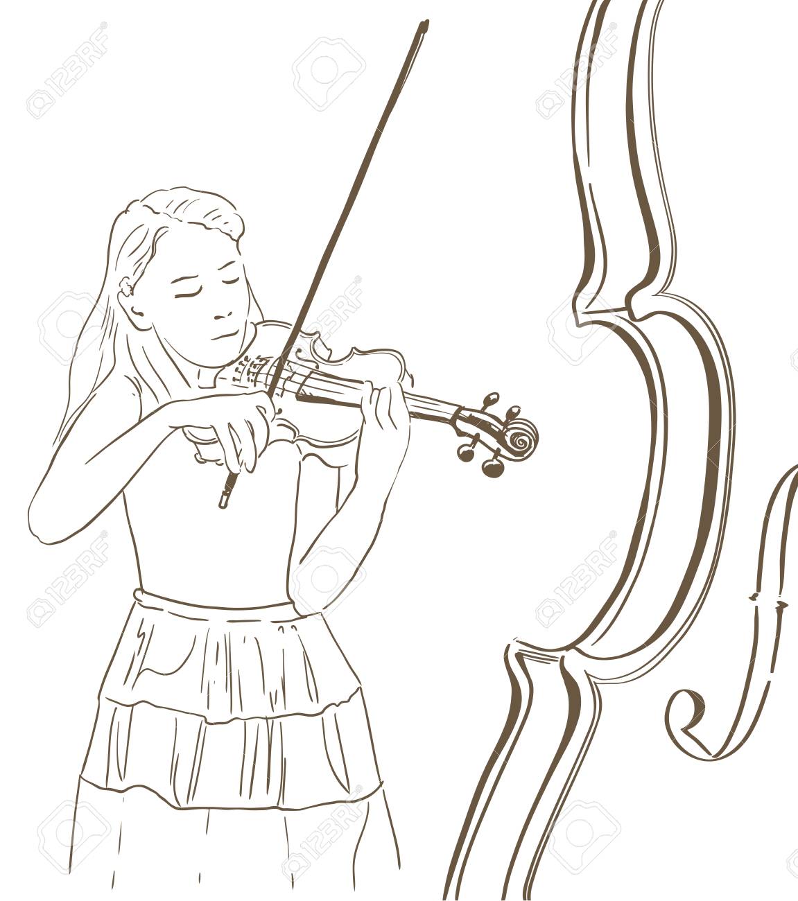 ヴァイオリン線スケッチ図を演奏若い女性 抽象的な手バイオリニストの描き下ろしイラスト のイラスト素材 ベクタ Image