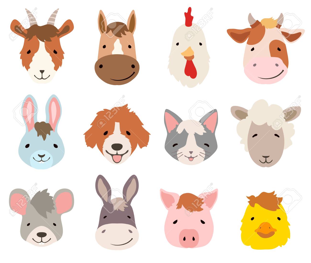 Colección De Caras De Animales De Dibujos Animados De Granja En Blanco. Ilustración Vectorial Ilustraciones Svg, Vectoriales, Clip Art Vectorizado Libre De Derechos. Image 148420312. Colección De Caras De Animales De Dibujos Animados De Granja En Blanco. Ilustración Vectorial Ilustraciones Svg, Vectoriales, Clip Art Vectorizado Libre De Derechos. Image 148420312.