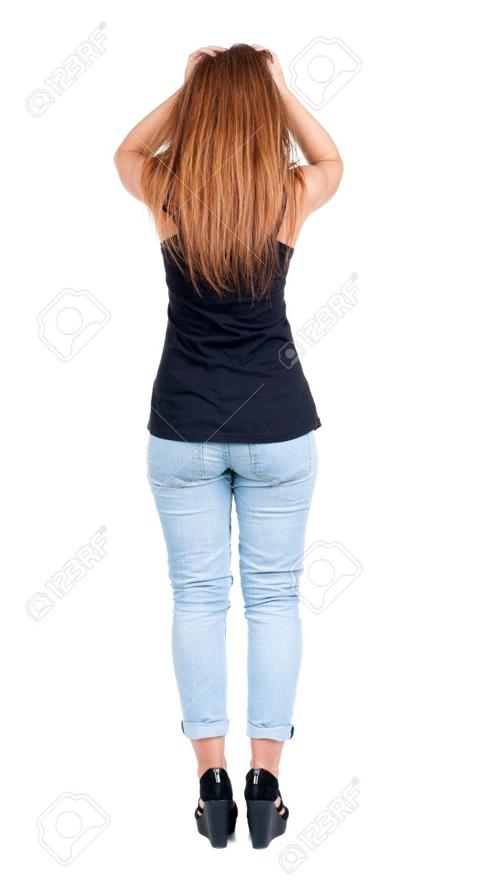 back view of shocked woman in blue jeans girl grabbed the hair back side