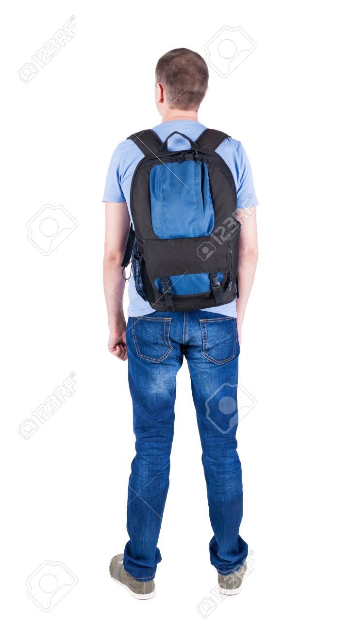バックパック探している男の後ろ姿 リア人のコレクションを表示します 人の裏面表示 白い背景に分離されました スーツケースの車輪の上に立っている緑の T シャツの男 の写真素材 画像素材 Image