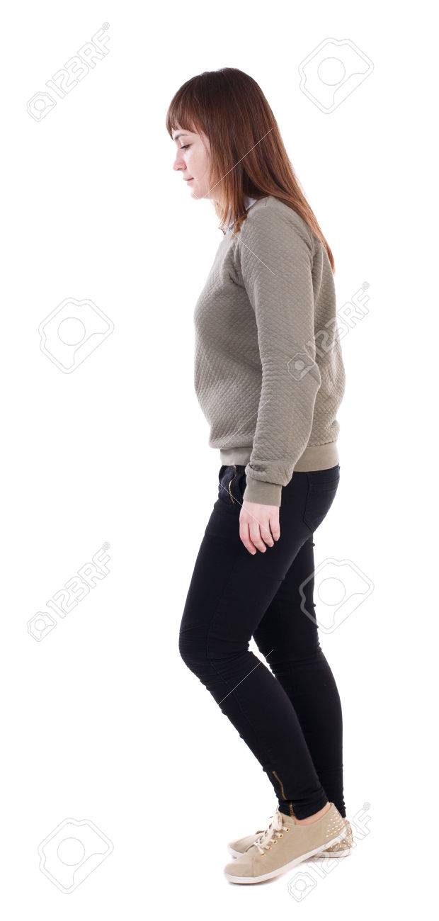 歩く女性を背面します 運動で美しいブロンドの女の子 人の裏面表示 リア人のコレクションを表示します 白い背景に分離されました 女性は横向きにカメラに非常に悲しい の写真素材 画像素材 Image