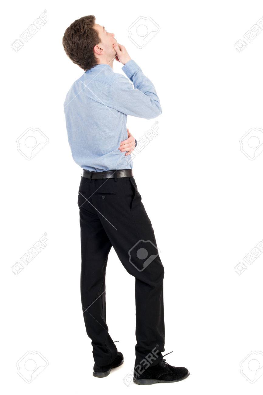 Vista Traseira Do Homem De Negocios Em Pe Jovem Empresario Coca A Cabeca Com Espanto Retrovisor Pessoas Colecao Visao Traseira Da Pessoa Isolado Sobre O Fundo Branco O Empresario De Cabelos Crespos