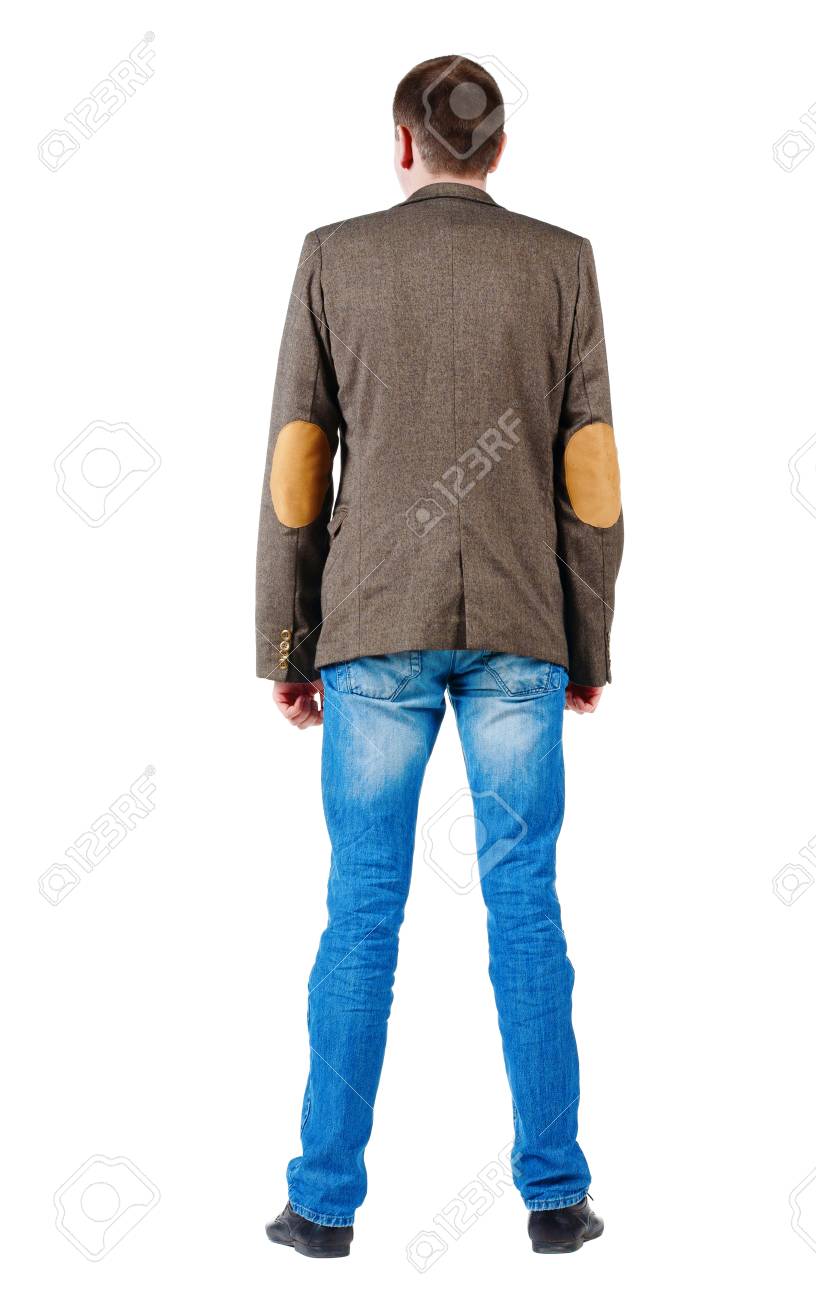 男性スーツ ジャケットとジーンズの背面します 男は壁に見えます リアビュー 白い背景に分離 の写真素材 画像素材 Image