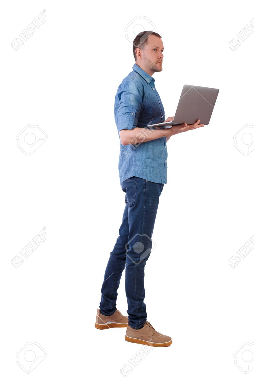 Back view of a man who is standing with a laptop. Rear view people collection. backside view of person. Isolated over white background. A young engineer checks information with a laptop. - 123233225 Back view of a man who is standing with a laptop. Rear view people collection. backside view of person. Isolated over white background. A young engineer checks information with a laptop. - 123233225