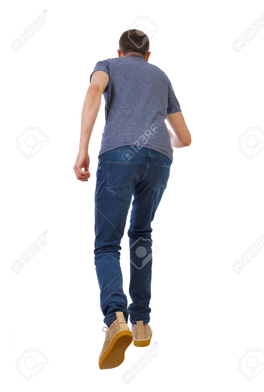 Back View Of Running Man. Backside View Of Person. Rear View People  Collection. The Guy In The Shoes Runs Low Crouching. Isolated Over White  Background. Stock Photo, Picture And Royalty Free Image.