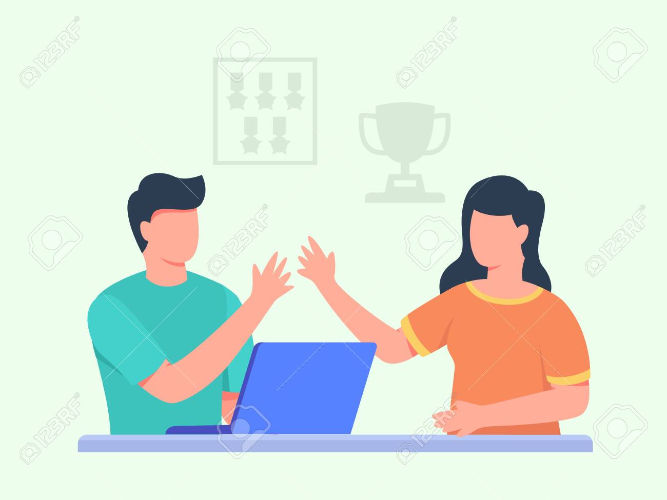 Men Work On Laptop High Five With Women In Front Background Trophy Royalty Free Cliparts Vectors And Stock Illustration Image 151116020