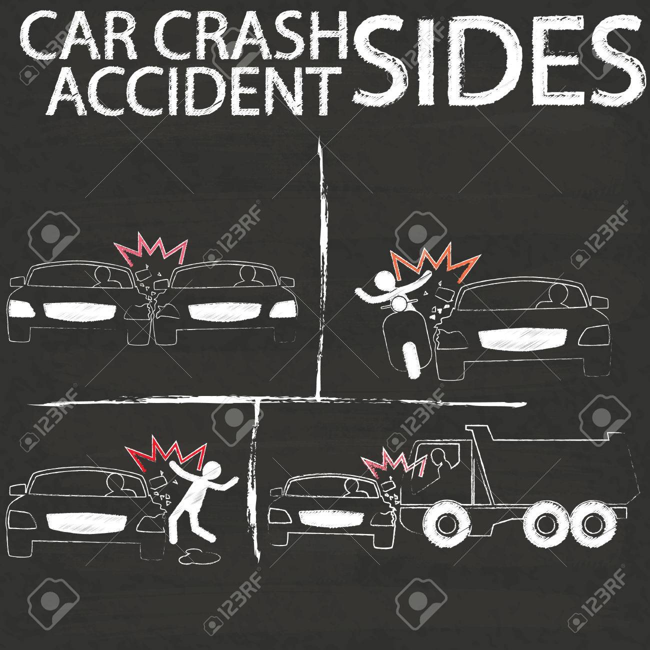 黒板のチョークによって側面衝突塗料で自動車事故のための記号 のイラスト素材 ベクタ Image