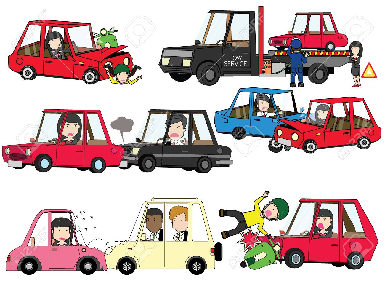 道路上のビジネス少女と車事故の心配します 面白いフラット ベクトル イラスト のイラスト素材 ベクタ Image