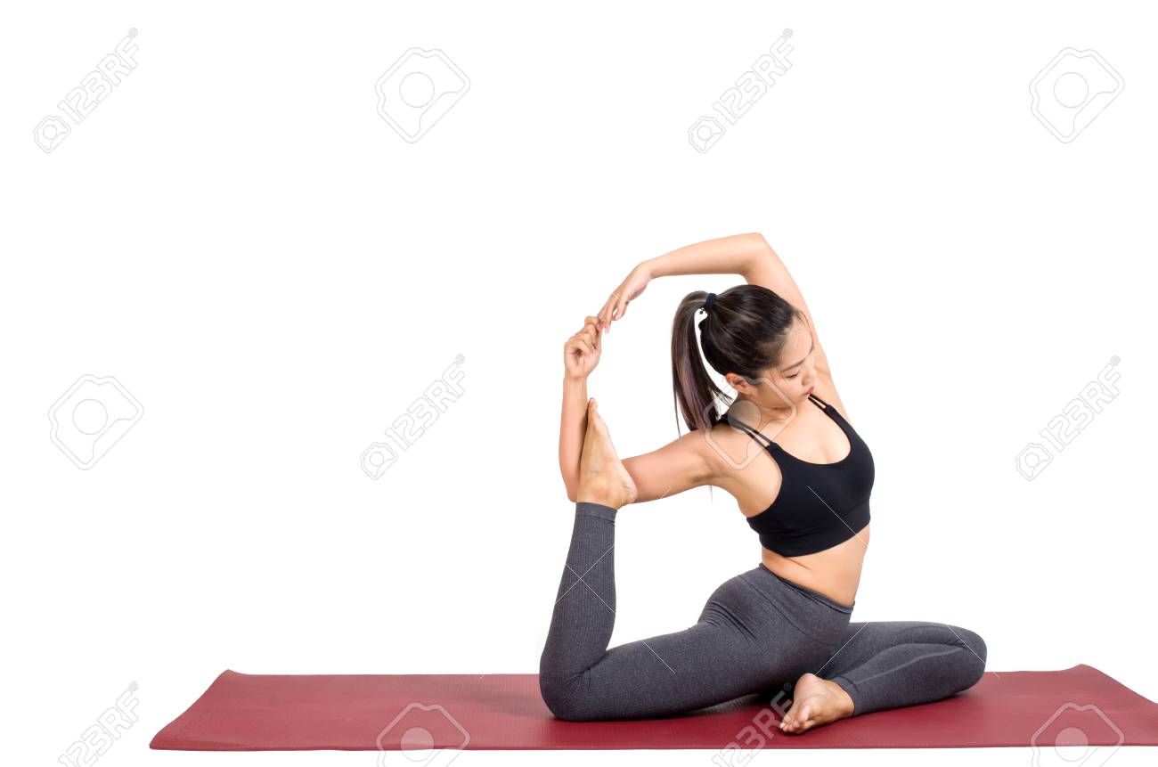 Young Asian Woman Doing Yoga In Eka Pada Rajakapotasana Or Mermaid Yoga Pose On The Mat Isolated On White Background Exercise Fitness Sport Training Healthy Lifestyle And People Concept Stock Photo Picture