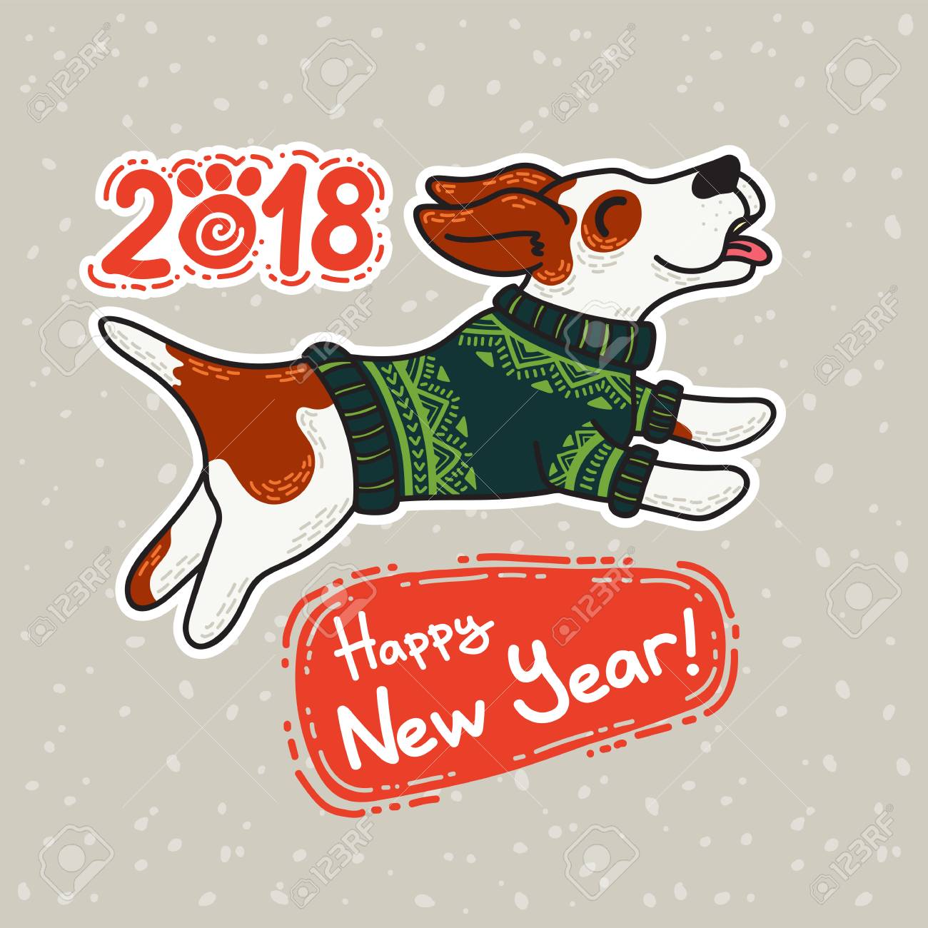 冬にカラフルなセーターで犬と新年とクリスマスのためのベクトルポストカード 冬の挨拶のデザイン のイラスト素材 ベクタ Image