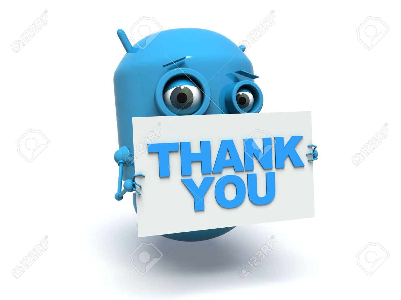 かわいい青いロボット テキストの言葉ありがとうございました板を保持しています 3 D のレンダリング 白い背景上に分離 の写真素材 画像素材 Image
