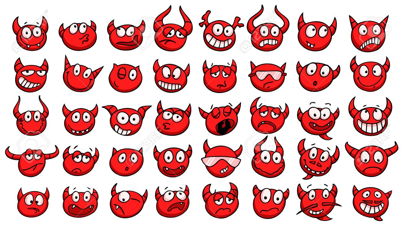 Ensemble de visages diable dr´le Collection de la main émotic´nes avec différentes expressions faciales établi