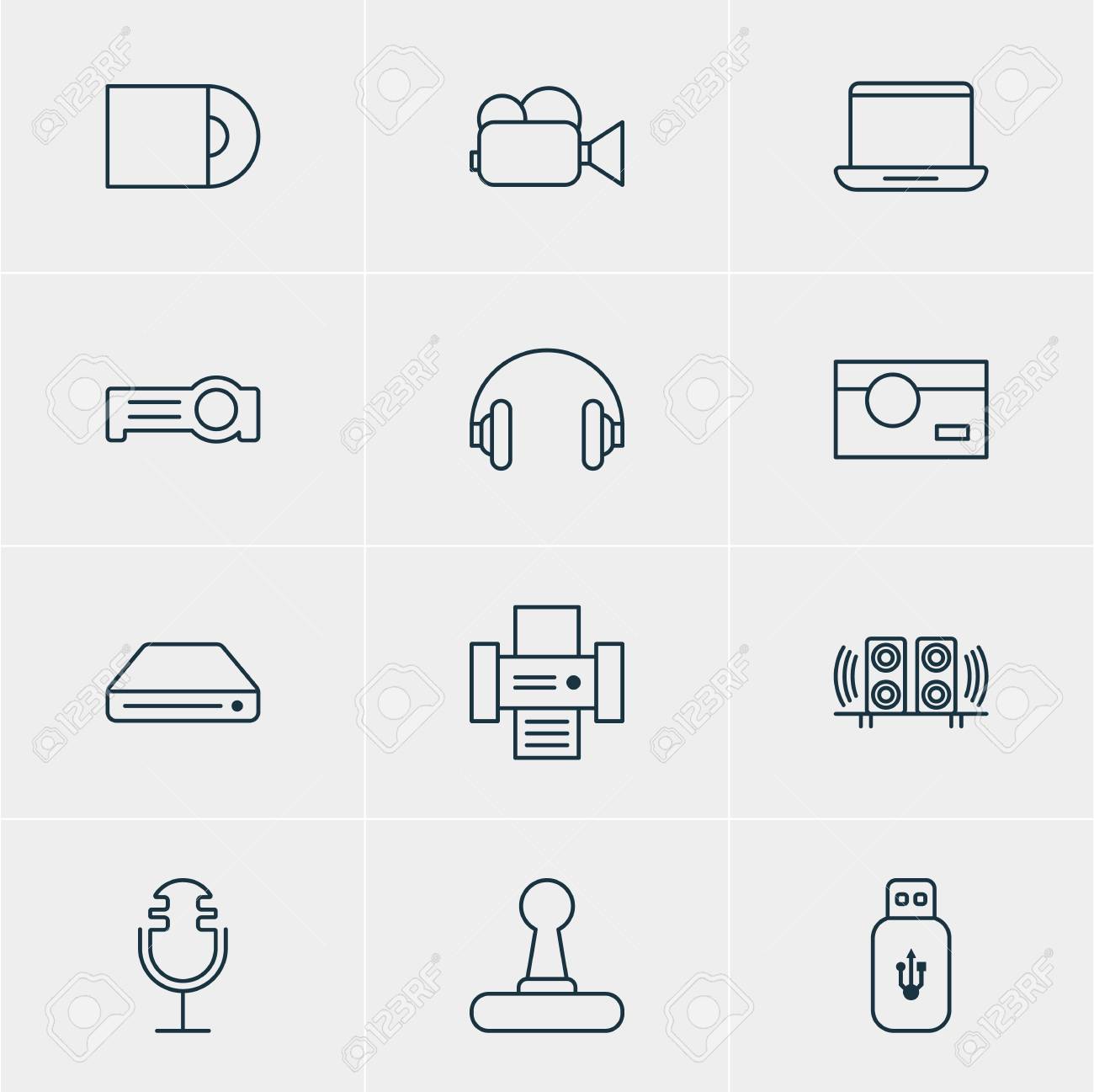 12 デバイス アイコンのベクター イラストです 記憶装置 Usb カード コピー機 その他の要素の編集可能なパック のイラスト素材 ベクタ Image