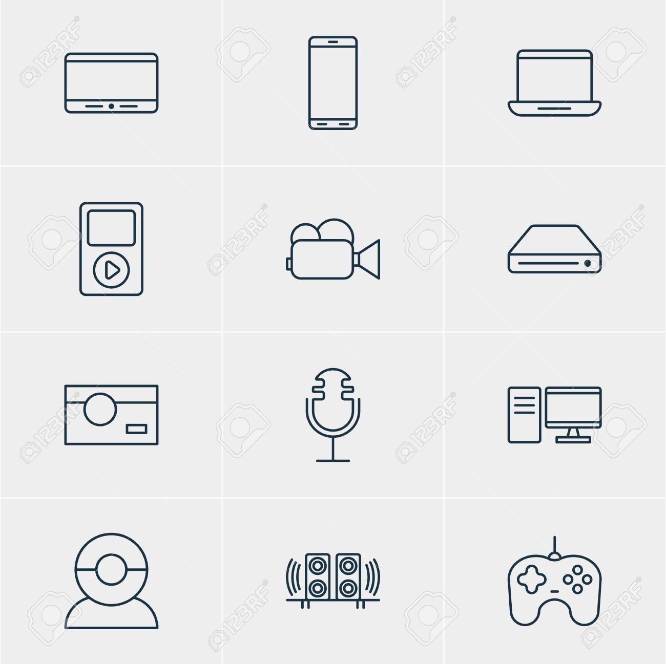 12 ガジェット アイコンのイラスト スピーカー スマート フォン 記憶装置 その他の要素の編集可能なパック のイラスト素材 ベクタ Image