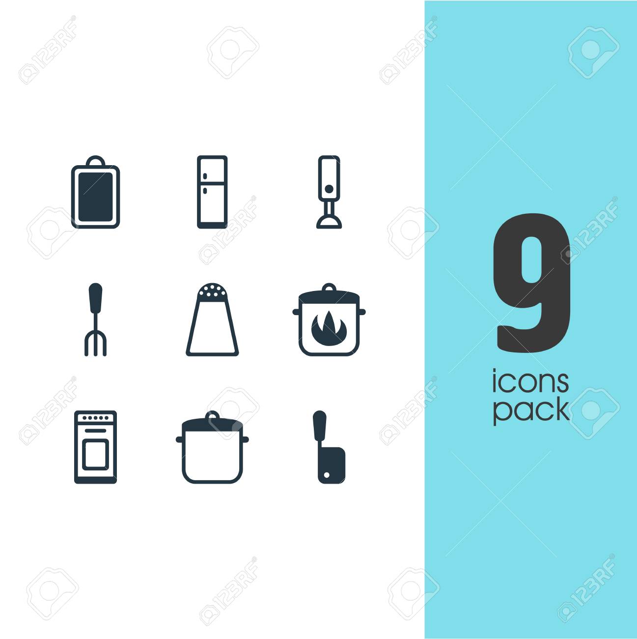 9 料理アイコンのベクター イラストです ペッパー ミキサー 肉切り包丁 その他の要素の編集可能なパック のイラスト素材 ベクタ Image