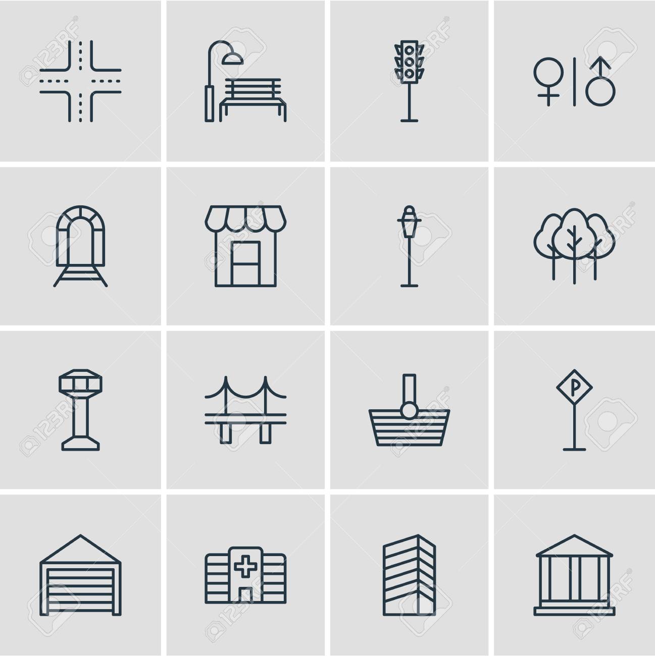 16 都市のアイコンのベクター イラストです 街灯 駐車場 診療所 その他の要素の編集可能なパック のイラスト素材 ベクタ Image