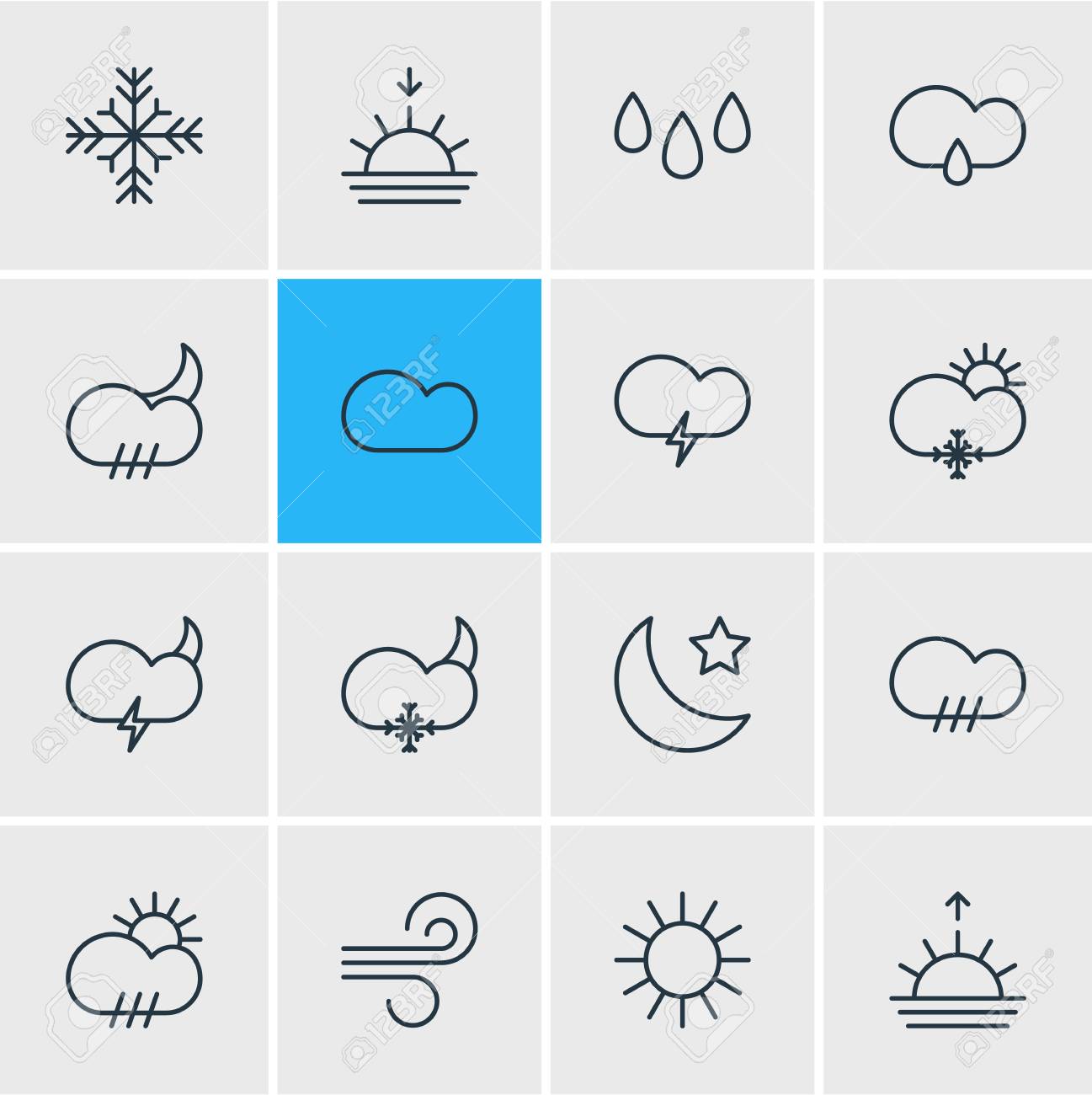 16の雰囲気アイコンの線のスタイルのイラスト 嵐 雲 日の出や他のアイコン要素の編集可能なセット の写真素材 画像素材 Image