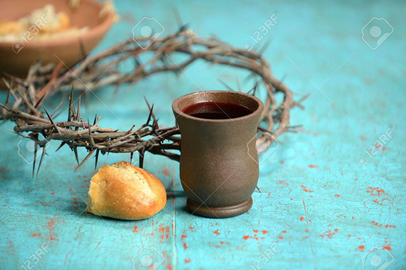 Bread, wine and crown of thorns on vintage table - 35010016 Bread, wine and crown of thorns on vintage table - 35010016